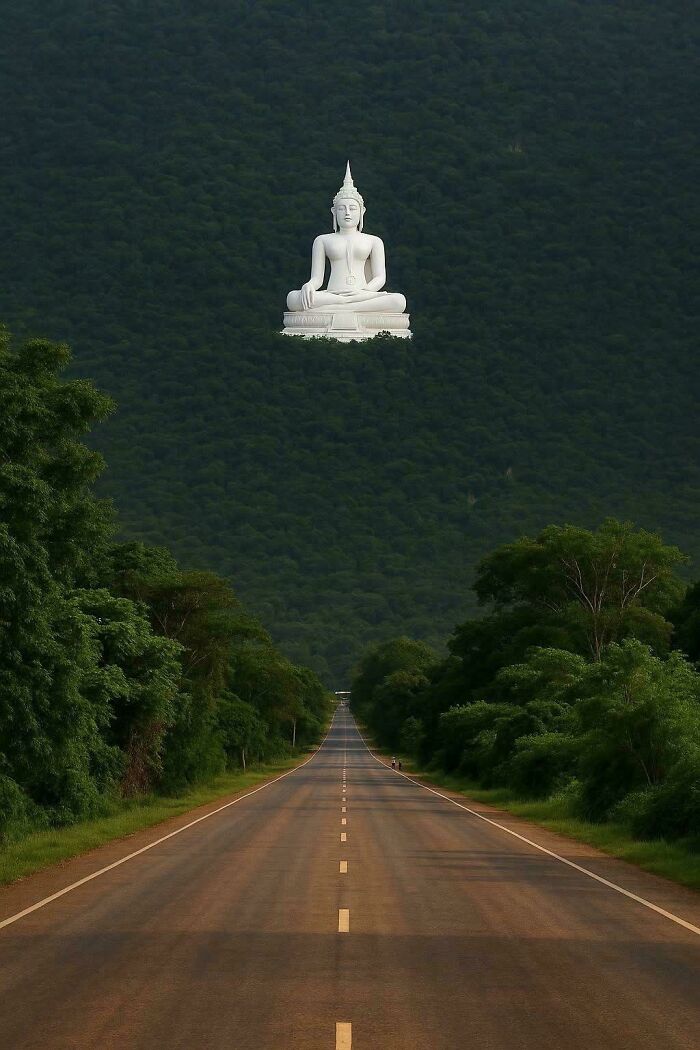 A white Buddha statue on a distant mountain, an optical illusion appearing to float above a long road.