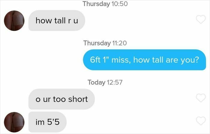 Screenshot of Funny Tinder Texts Messages where a user is told they are too short after revealing their height.