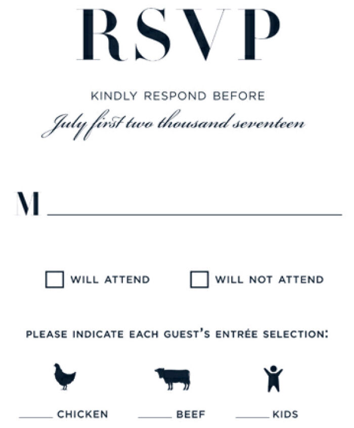 A poorly designed wedding RSVP card, an example of designers failing to do their job correctly.
