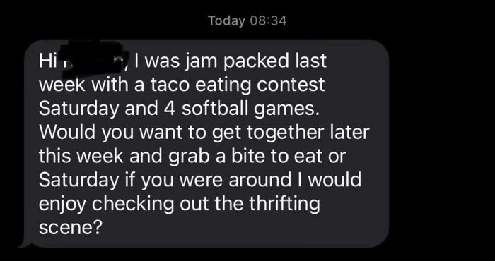 Funny Tinder Texts Messages, a long first message explaining a busy schedule.