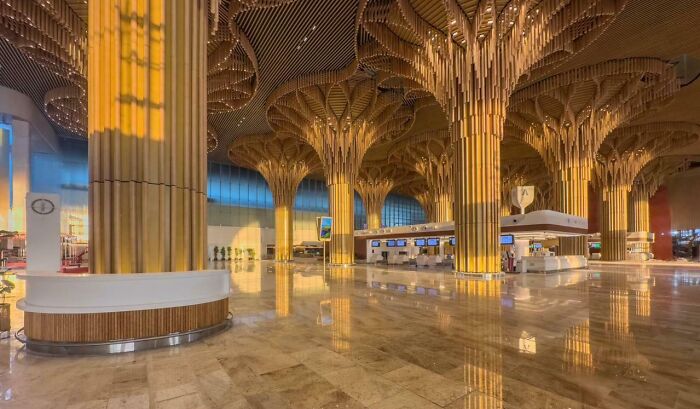 The beautiful architecture of an airport interior with unique tree-like columns and warm lighting, creating an almost unreal look.