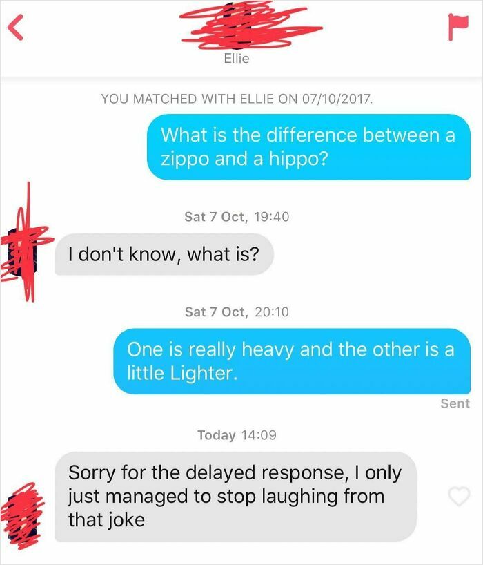 Screenshot of Funny Tinder Texts Messages showing a joke about a Zippo and a hippo, with a delayed laughing response.