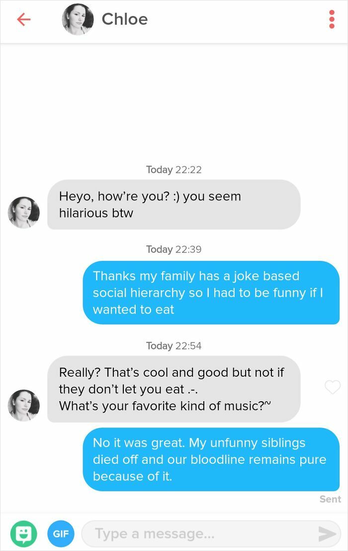 Funny Tinder Texts Messages: A dark humor exchange about a family's joke-based social hierarchy on Tinder.
