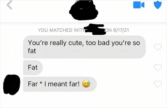Funny Tinder Texts Messages: A Tinder message with a funny typo, changing fat to far with a laughing emoji.
