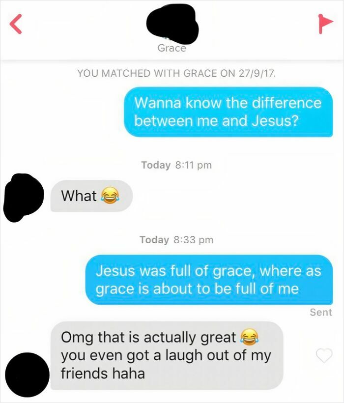 Screenshot of Funny Tinder Texts Messages with a match named Grace, exchanging a playful pick-up line.