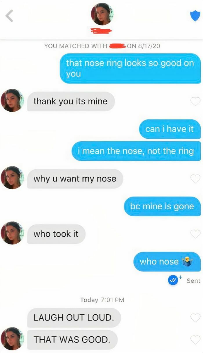 Screenshot of Funny Tinder Texts Messages featuring a humorous exchange about a nose ring and a missing nose.