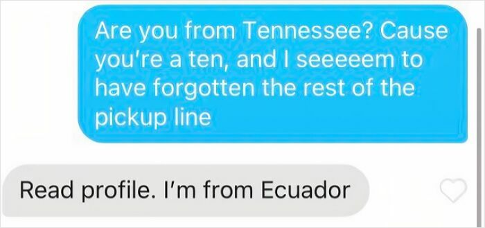 Screenshot of Funny Tinder Texts Messages with a pick-up line about Tennessee, humorously countered by the match's location.