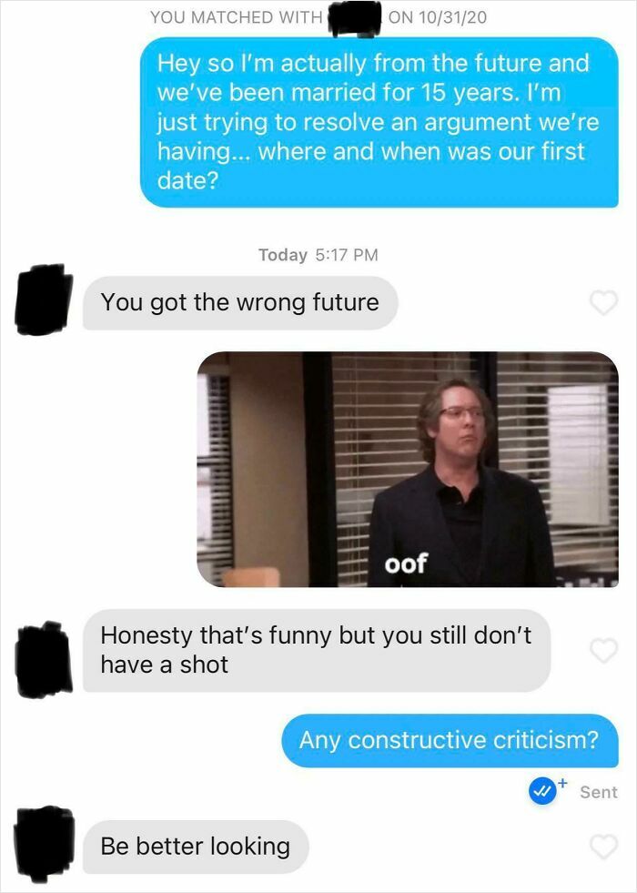 Screenshot of Funny Tinder Texts Messages showing a playful future argument scenario, met with a blunt 'wrong future' response.