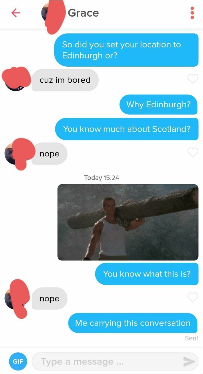 Screenshot of Funny Tinder Texts Messages showing a user saying, Me carrying this conversation with a meme.