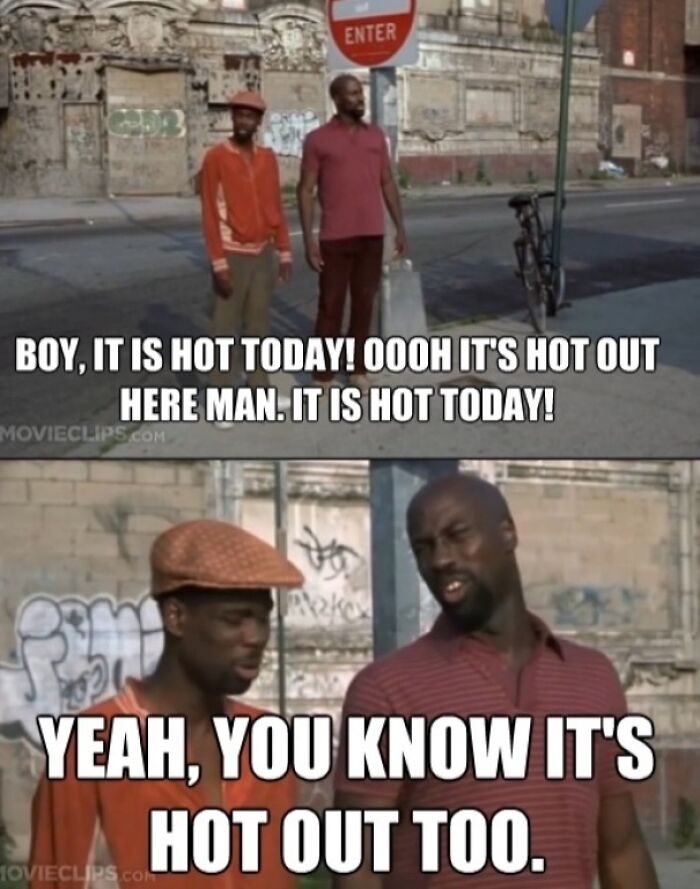 Funny meme about the summer heat with two men discussing how hot it is outside.