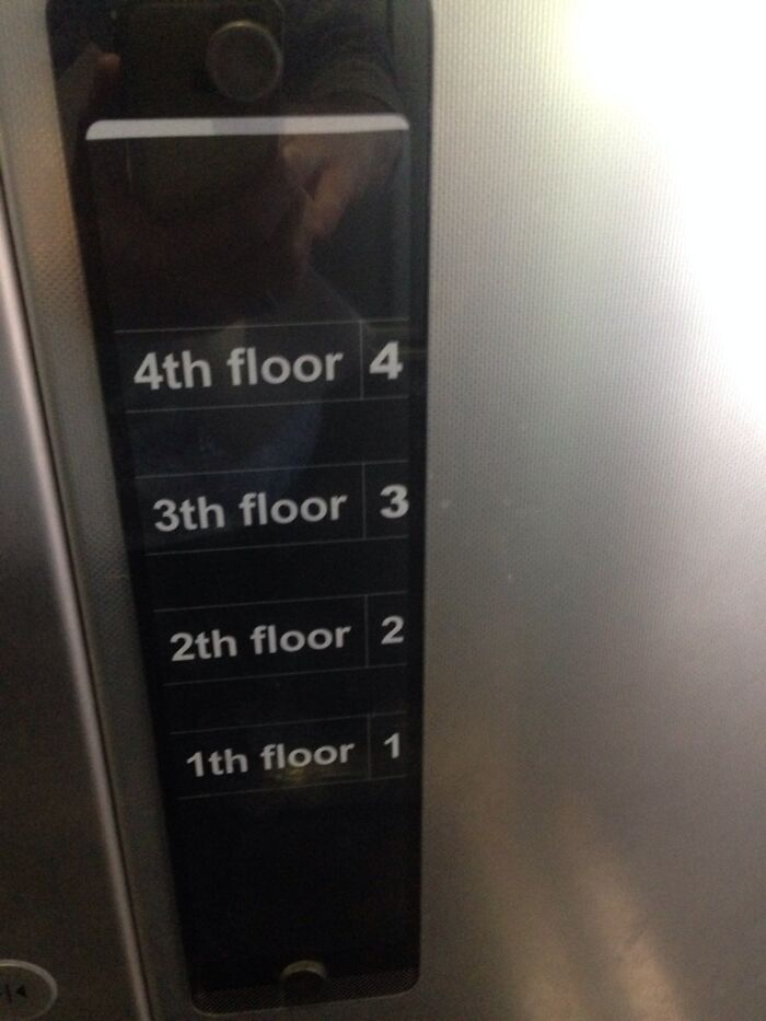 An elevator panel with incorrect floor numbering 1th, 2th, 3th, 4th, showing designers failed dismally.