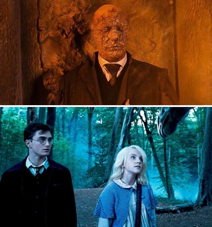 Top: A man with a cracked face. Bottom: Harry Potter and Luna Lovegood in a forest, hilarious movie details.
