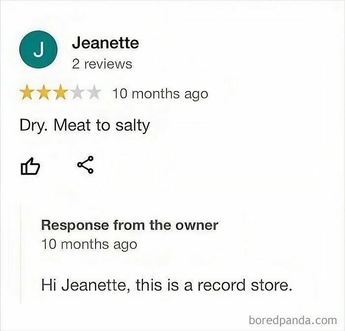 A screenshot of a review where an old person reviews a record store as if it were a restaurant.