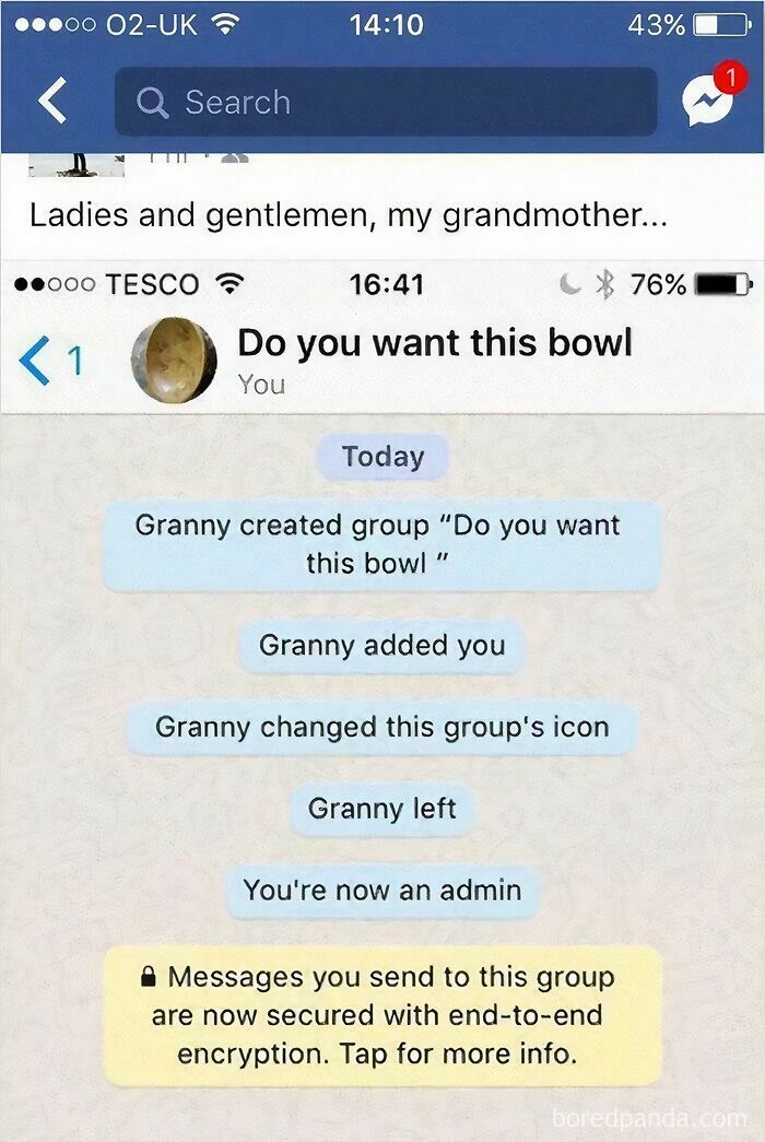 A screenshot of a WhatsApp conversation showing an old person creating a group about a bowl and immediately leaving, highlighting old people online.