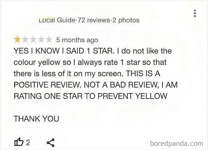 A clueless old person's online review stating they give 1 star to prevent yellow colors from appearing on their screen.