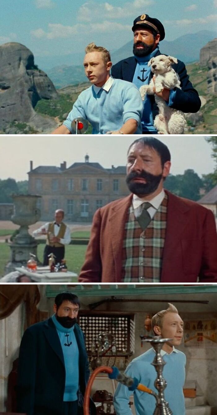 Three frames from Tintin live-action with characters and dog, highlighting hilarious nonsensical movie details.