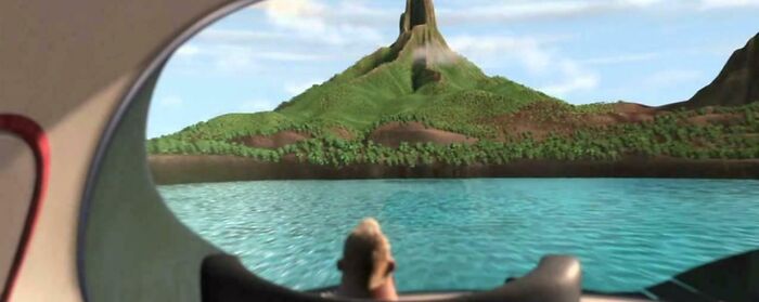 Nonsensical movie details from a scene in The Incredibles showing an island with a volcano.