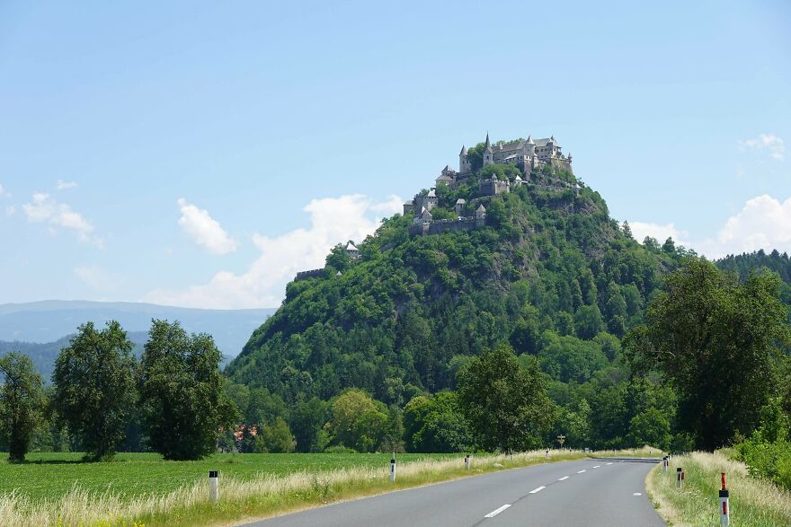 Majestic castle perched atop a densely forested hill, with a road winding through a green landscape in the foreground.
