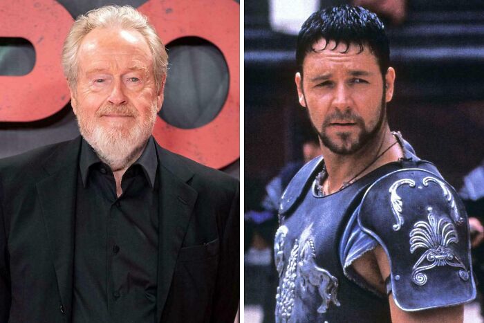 Hilarious movie details of Russell Crowe as Maximus from Gladiator alongside director Ridley Scott.