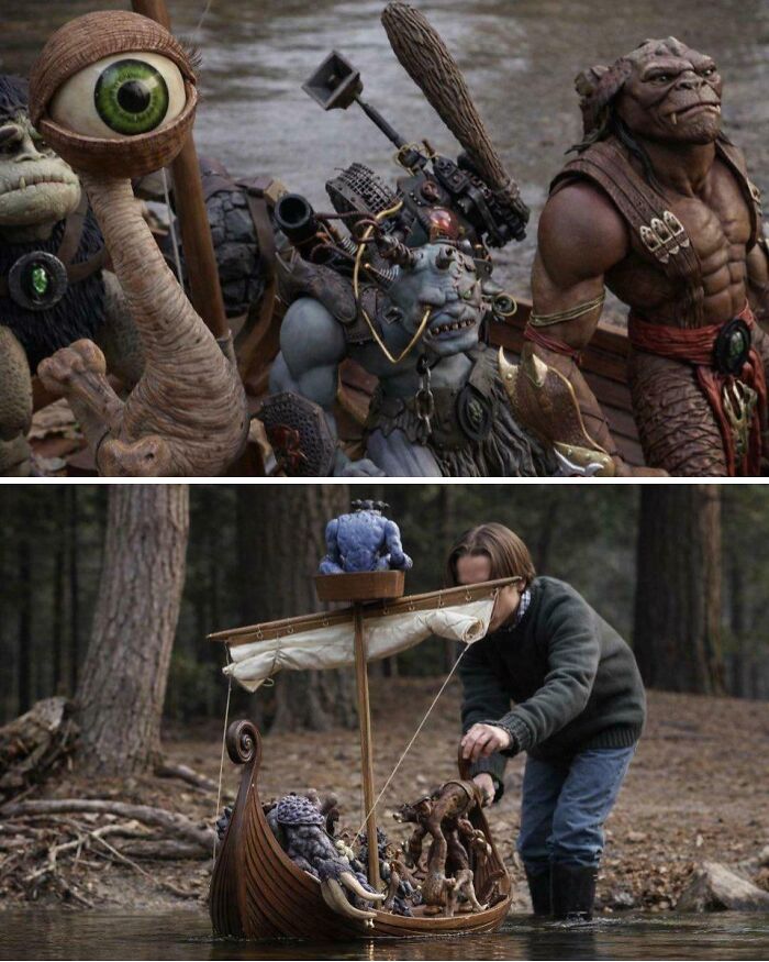 A split image: top shows various fantastical monster figures; bottom shows a child playing with a Viking-style boat in water, highlighting nonsensical movie details.