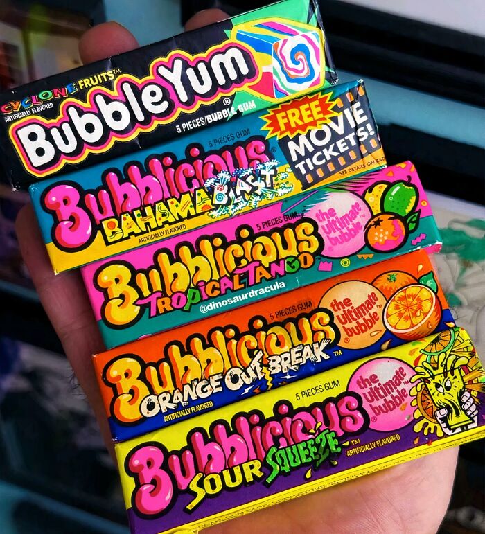 Various packs of Bubble Yum and Bubblelicious gum, a throwback meme for true 90s kids.