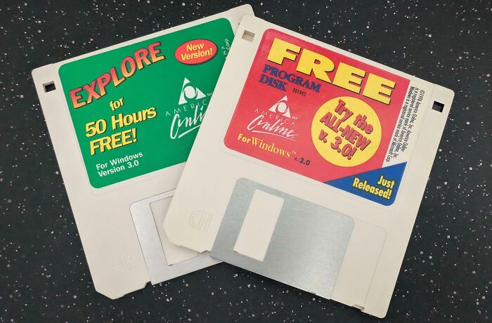 Two America Online floppy disks, a classic throwback meme that 90s kids will understand.