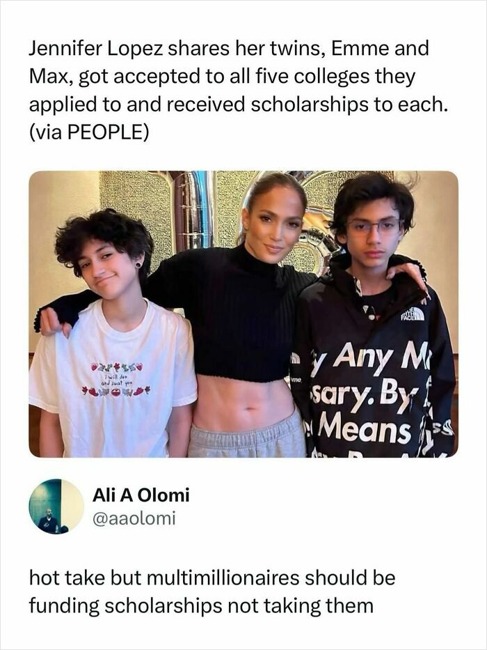 Jennifer Lopez, Emme, and Max in a pop culture post about their college scholarships, bringing good vibes.
