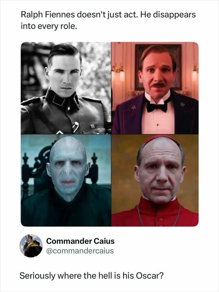 A collage of Ralph Fiennes in various roles, highlighting his disappearing into characters, a great pop culture post.