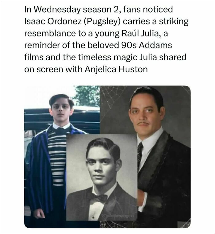 A collage showing Isaac Ordonez as Pugsley, a young Raul Julia, and Raul Julia as Gomez Addams, highlighting pop culture posts.