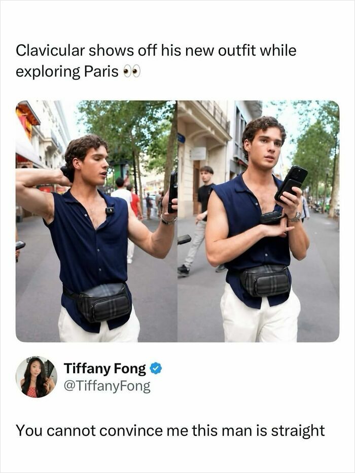 A meme of a man in a navy top and white pants for pop culture posts and instant good vibes.