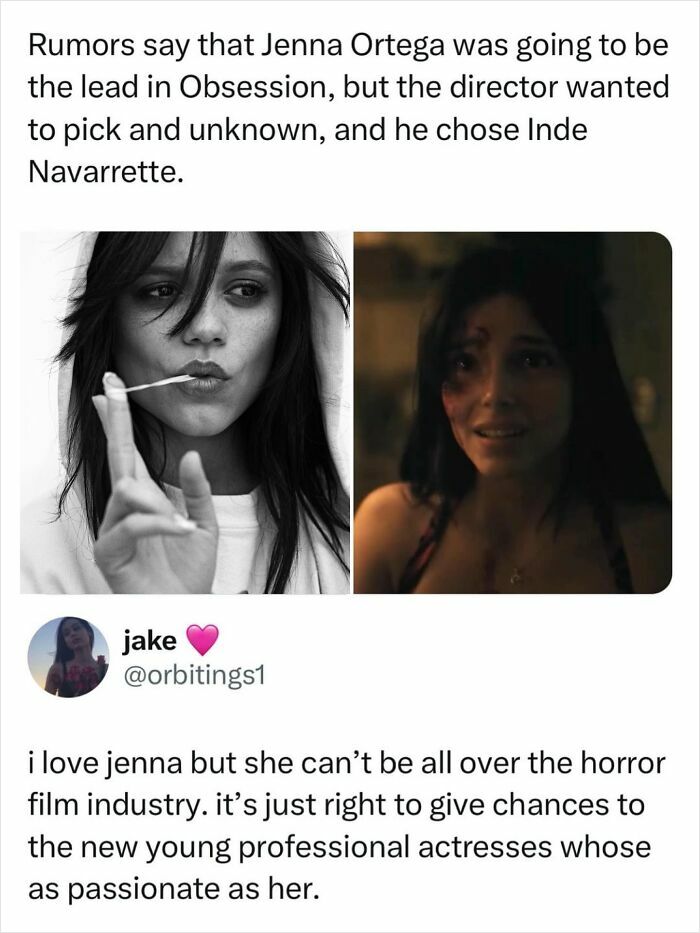 Jenna Ortega chewing gum and in a horror film scene, a pop culture post for instant good vibes.