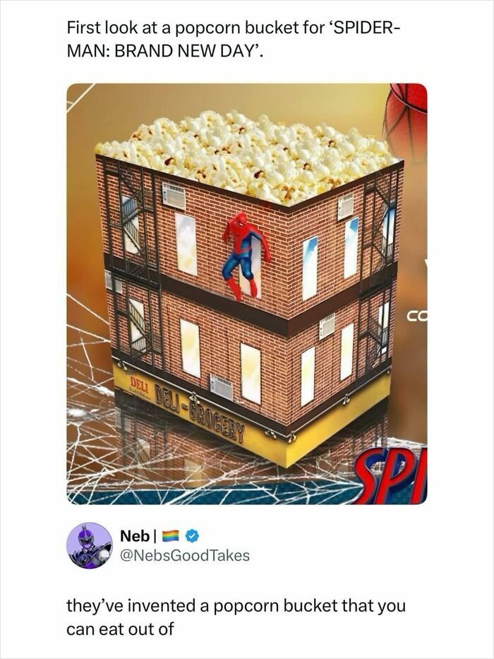 A Spider-Man themed popcorn bucket shaped like a building, a fun pop culture post for good vibes.