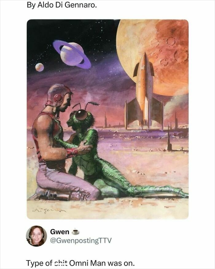 Pop culture post: Sci-fi illustration of a man and an alien on an alien planet, evoking good vibes.
