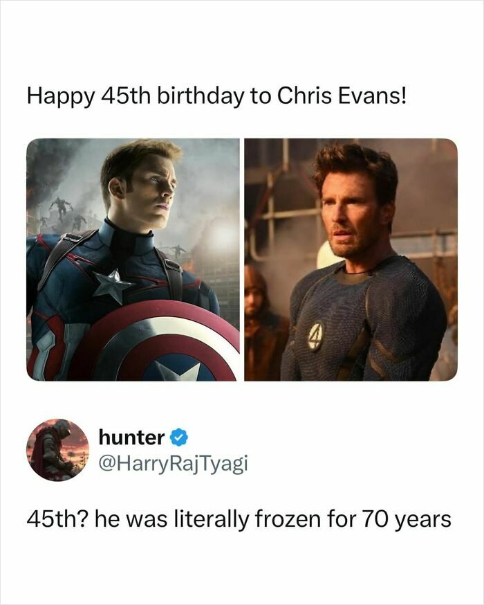 Pop culture post celebrating Chris Evans' 45th birthday, referencing him being frozen, for instant good vibes.