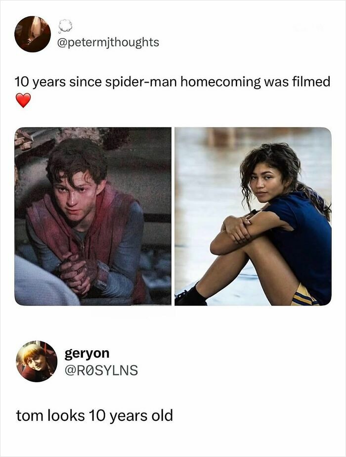 Pop culture post: A split image of Tom Holland and Zendaya from Spider-Man, for good vibes.