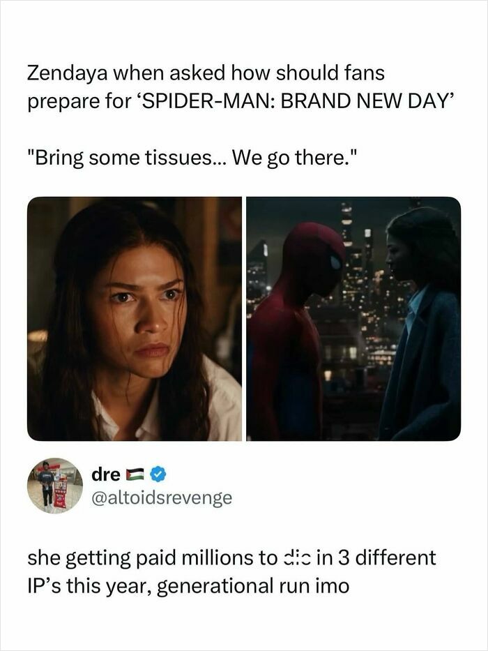 Zendaya and Spider-Man in a pop culture post, discussing preparations for 'Brand New Day' with good vibes.