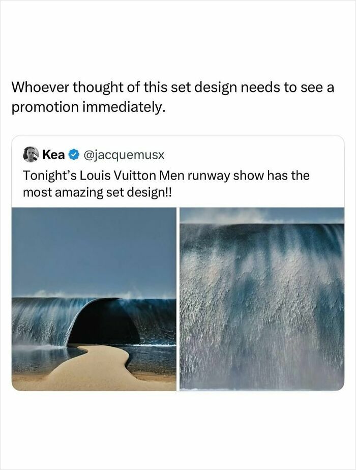 Louis Vuitton Men runway show with an amazing wave-like set design, a pop culture post for instant good vibes.