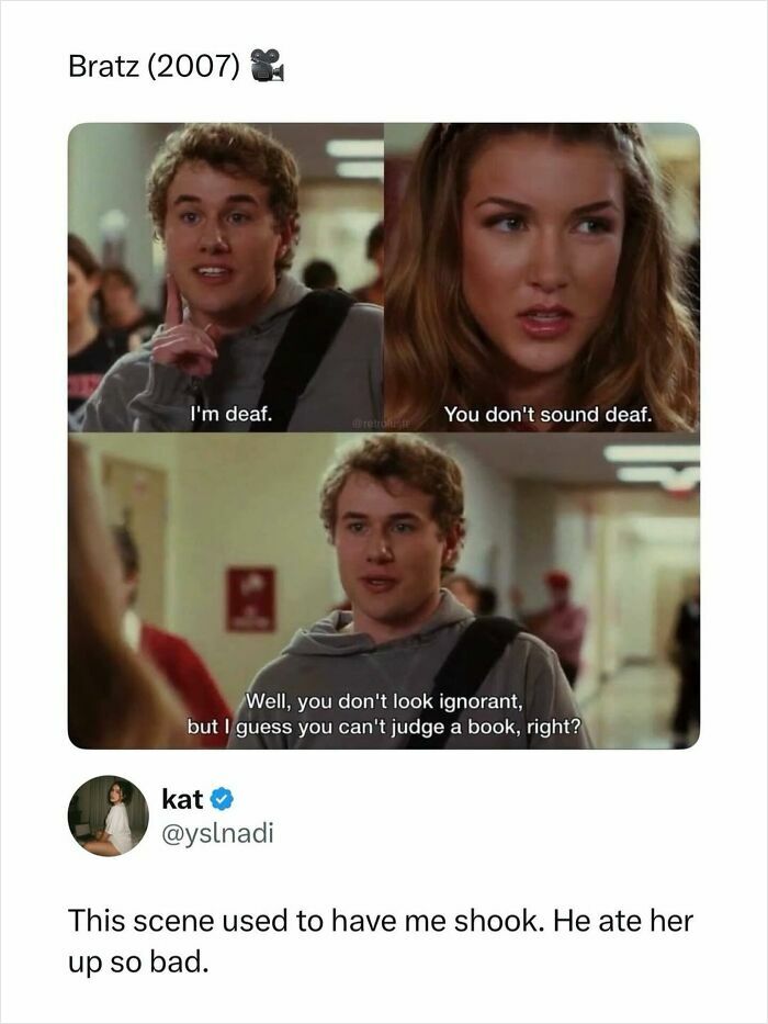 A screenshot from a movie scene with dialogue, shared as a pop culture post.