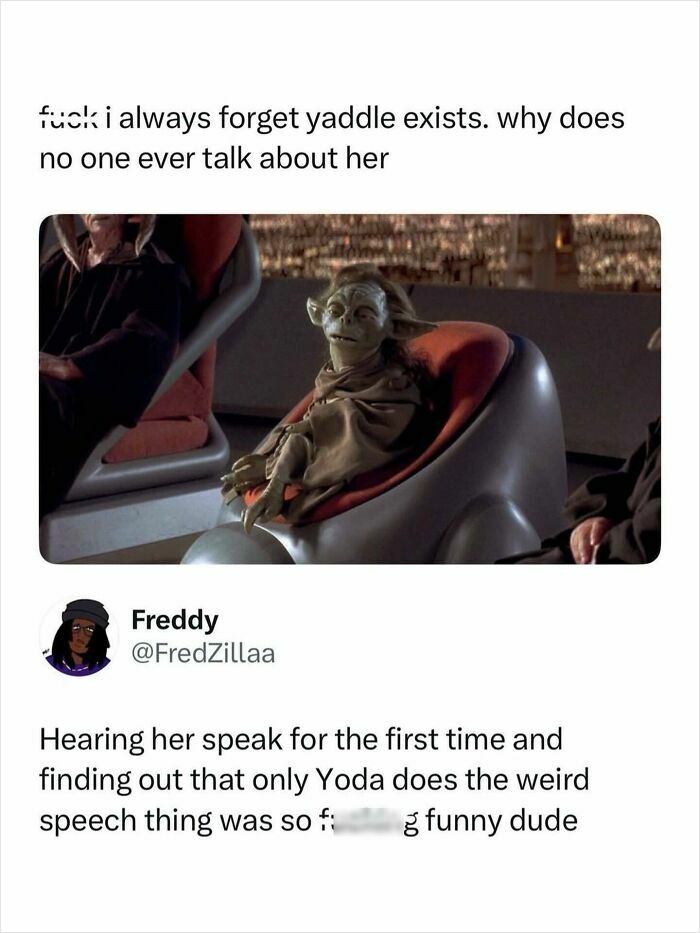A meme with a Star Wars character Yaddle for pop culture posts and instant good vibes.