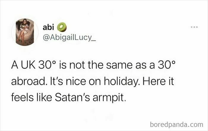 Funny meme about summer heat: a tweet about UK 30 degrees feeling like Satan's armpit.
