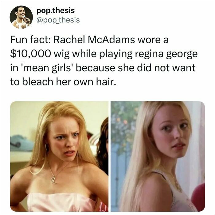 Pop culture post: A fun fact about Rachel McAdams' wig in Mean Girls with two images of her as Regina George.