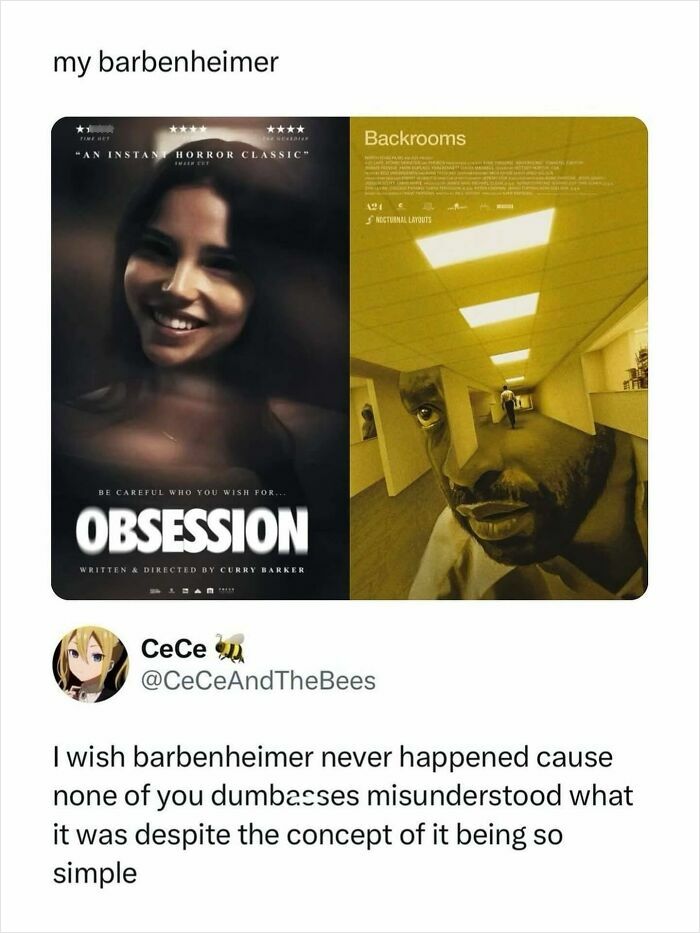Two movie posters, Obsession and Backrooms, a pop culture post for instant good vibes.