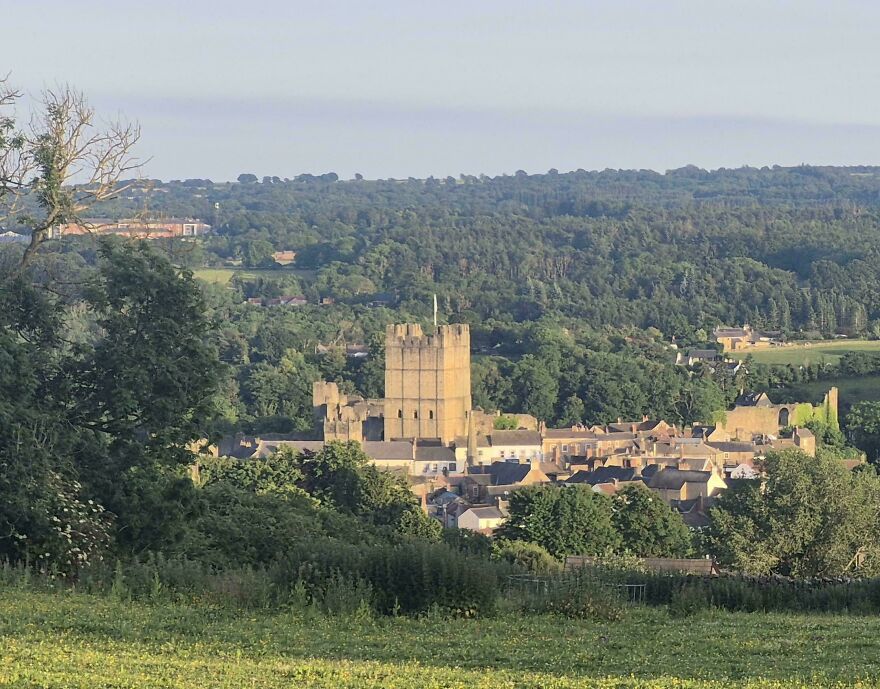 Beautiful castle surrounded by lush green trees and a town, an interesting photo of castles.