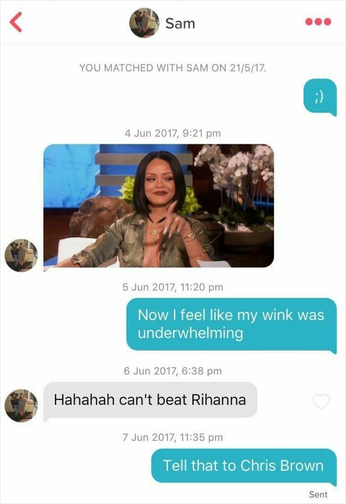 Funny Tinder Texts Messages example of a Tinder conversation with Rihanna and Chris Brown.