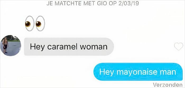 Funny Tinder Texts Messages show a playful exchange calling each other caramel woman and mayonnaise man.