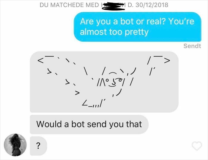 Funny Tinder Texts Messages capture a Tinder user asking if the match is a bot, followed by an ASCII art response.