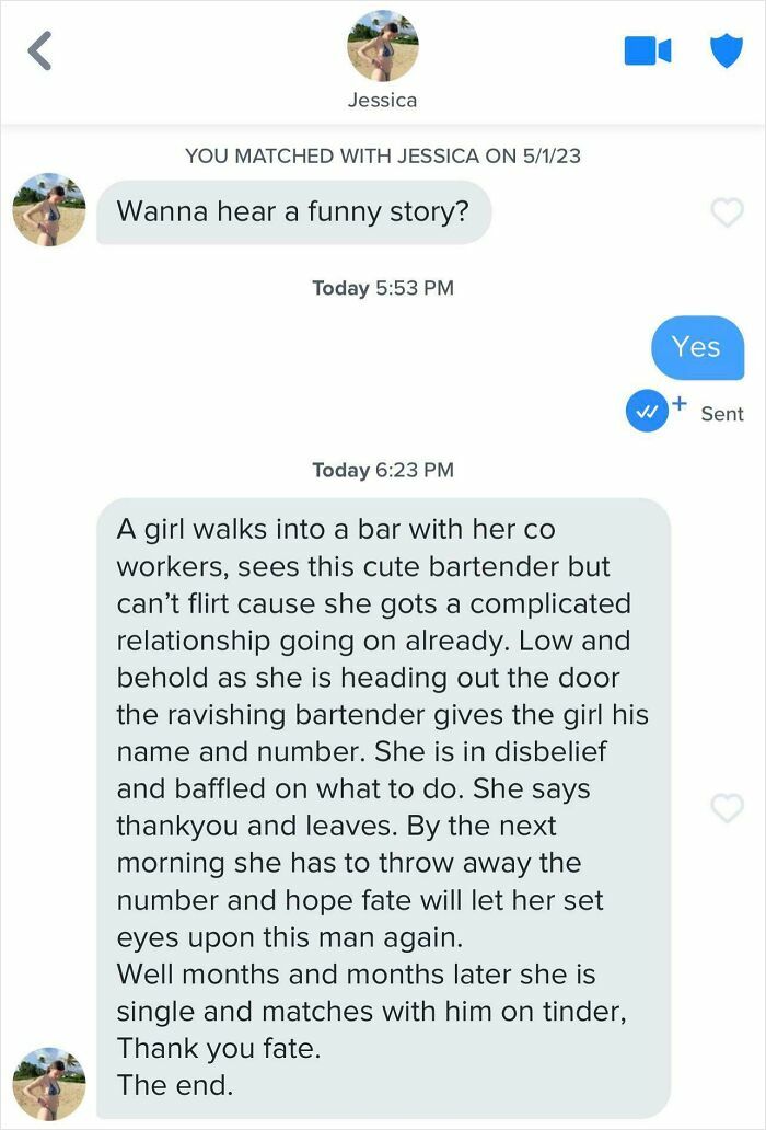 A screenshot of a funny Tinder text message conversation where someone shares a long, elaborate story.