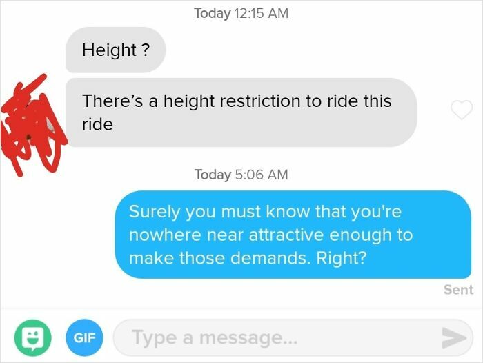 A screenshot of a funny Tinder text message conversation about height restrictions and blunt replies.
