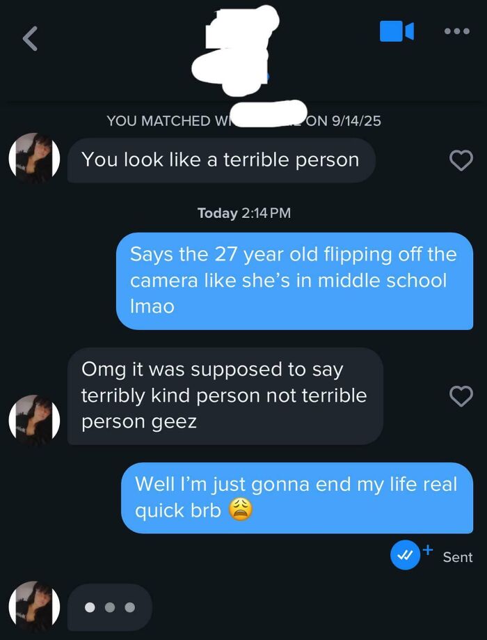 A screenshot of a funny Tinder text message exchange where a typo changes the meaning from kind to terrible, leading to a humorous reaction.