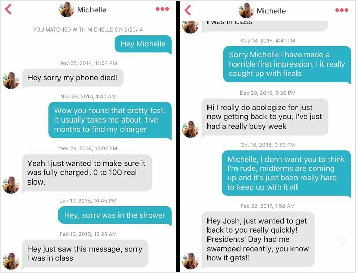 Funny Tinder Texts Messages: A long, drawn-out conversation with Michelle showing excuses for late replies.